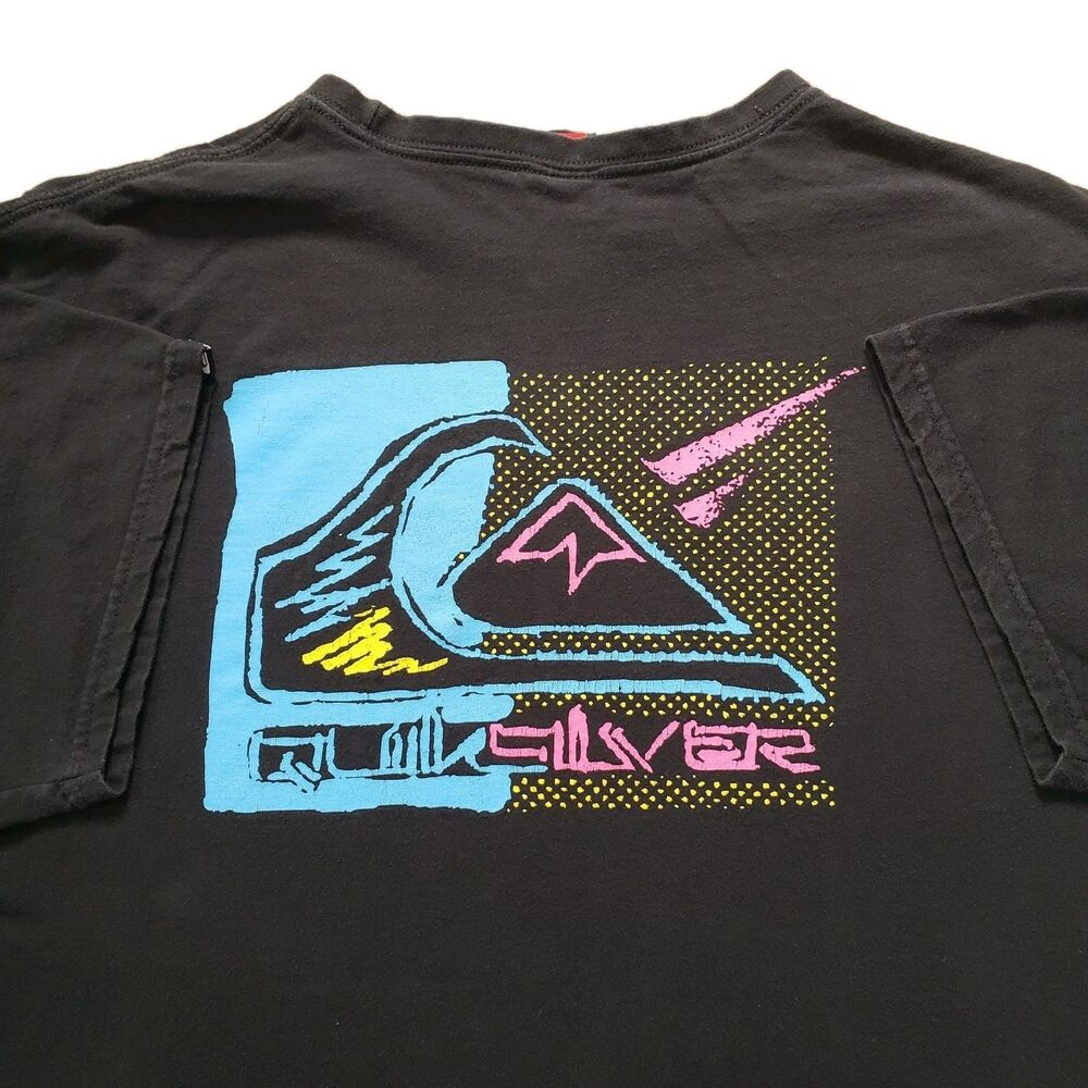 Vintage Y2K Quicksilver Neon Retro Size L-XL Mens Black Double Side T-Shirt